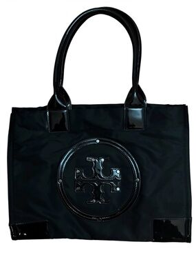 Tory Burch Large Ella Tote Bag Nylon Patent Leather Trim Medallion Black Purse